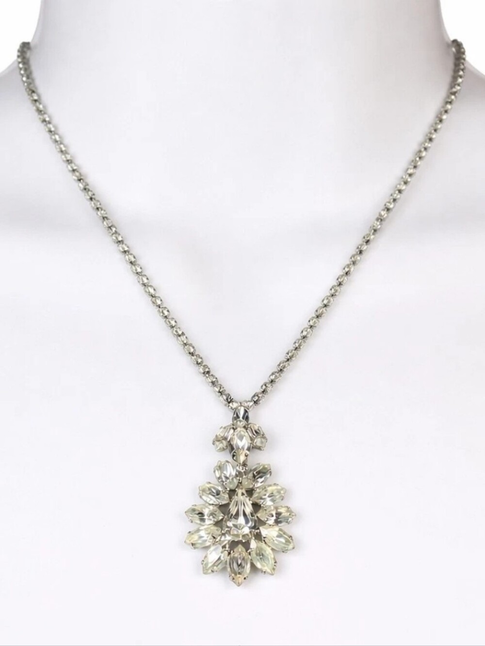 Vintage Midcentury Teardrop Cluster Rhinestones Pendant Necklace Silver Tone